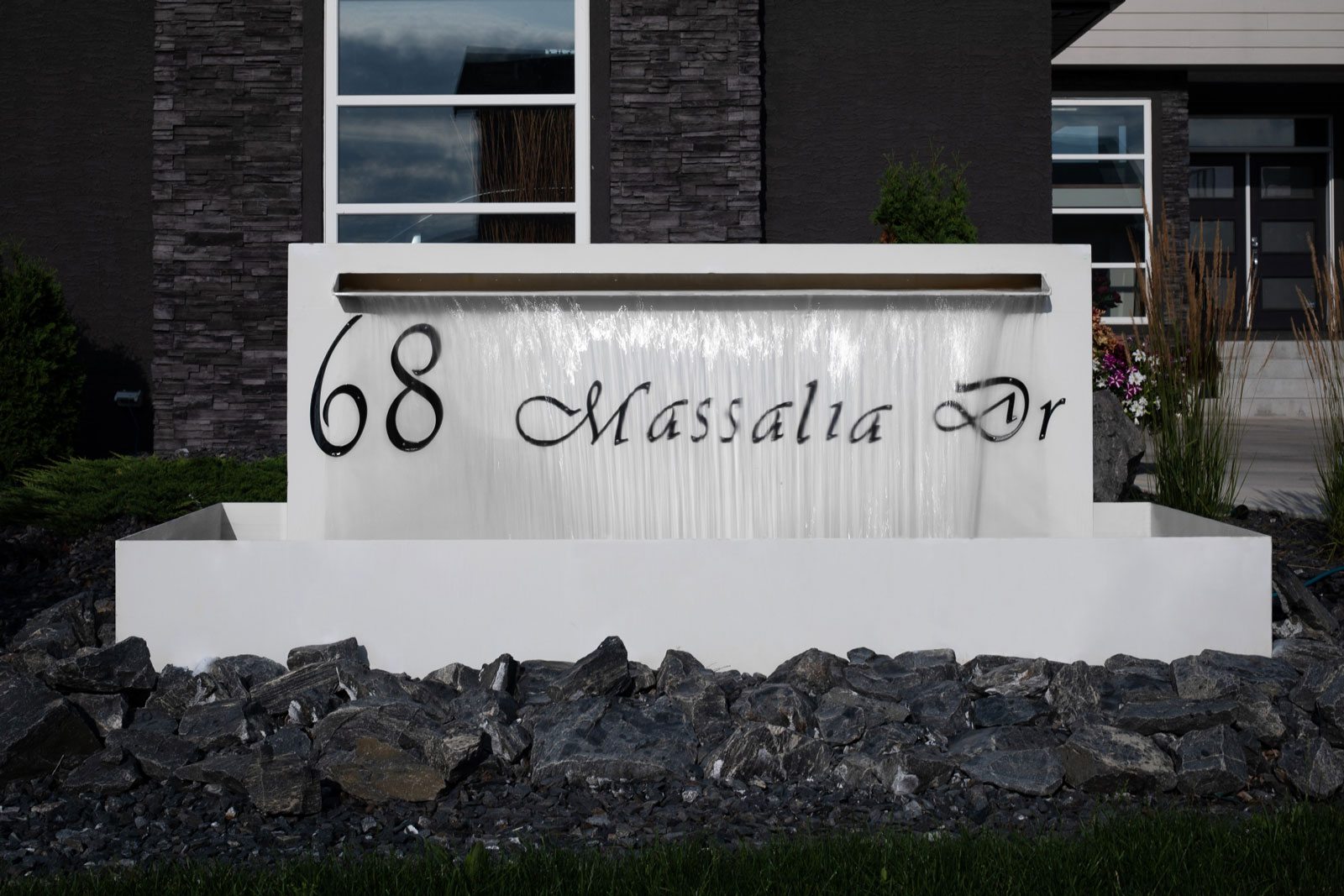 Vivid House Number | Custom Residential House Signs | 68 Massalia Drive | Black Finish | Custom White Fountain Fixture