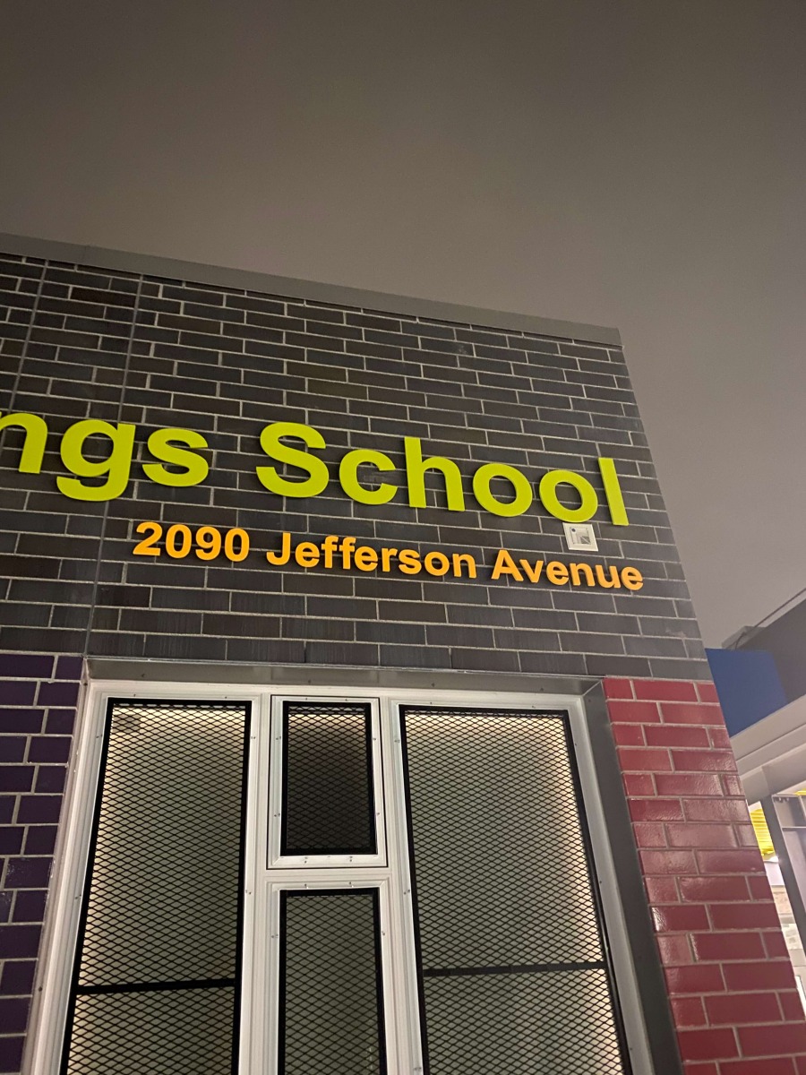 Vivid House Number | Custom Commercial Sign | Ecole Waterford Springs School 2090 Jefferson Avenue | Brushed Green and Orange Finish | Brick Wall