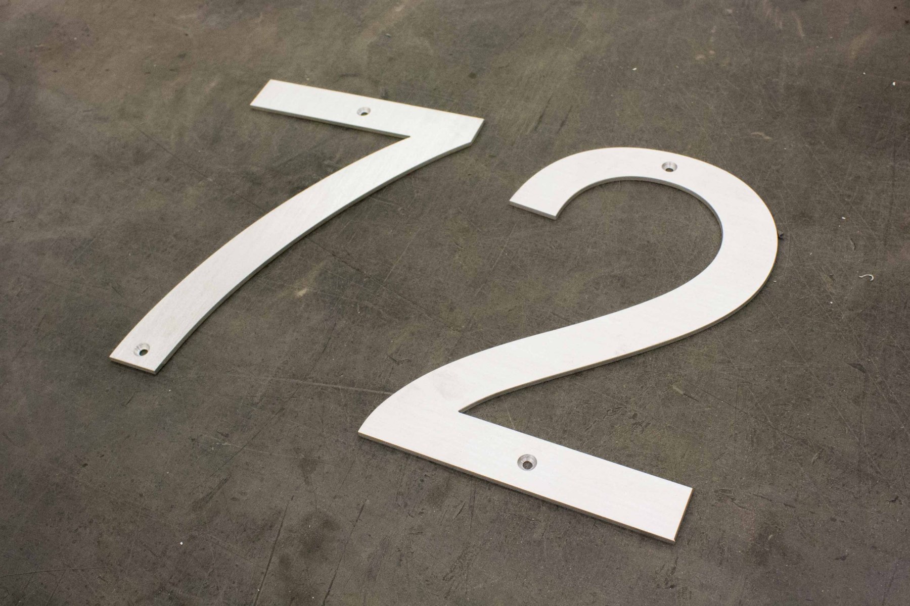 Vivid House Number | Custom Residential House Signs| Number 72 | Brushed  Aluminum Finish on the floor