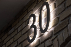 Vivid House Number | Custom Residential House Signs| Number 30 with LED Backlight on an exterior house | Brushed  Aluminum Finish