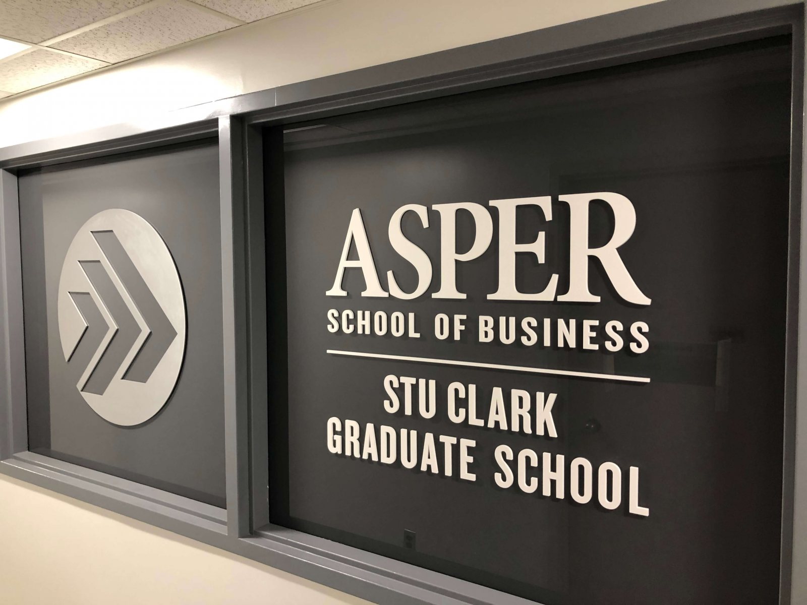 Vivid House Number | Commercial House Sign | Asper School of Business STU Clark Graduate School | Aluminum finish on a black window