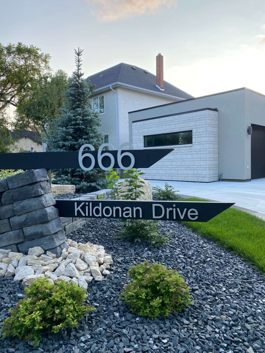Vivid House Number | Residential House Sign | 666 Kildonan Drive | Brushed Aluminum Finish | Custom Black Sign on a Lawn